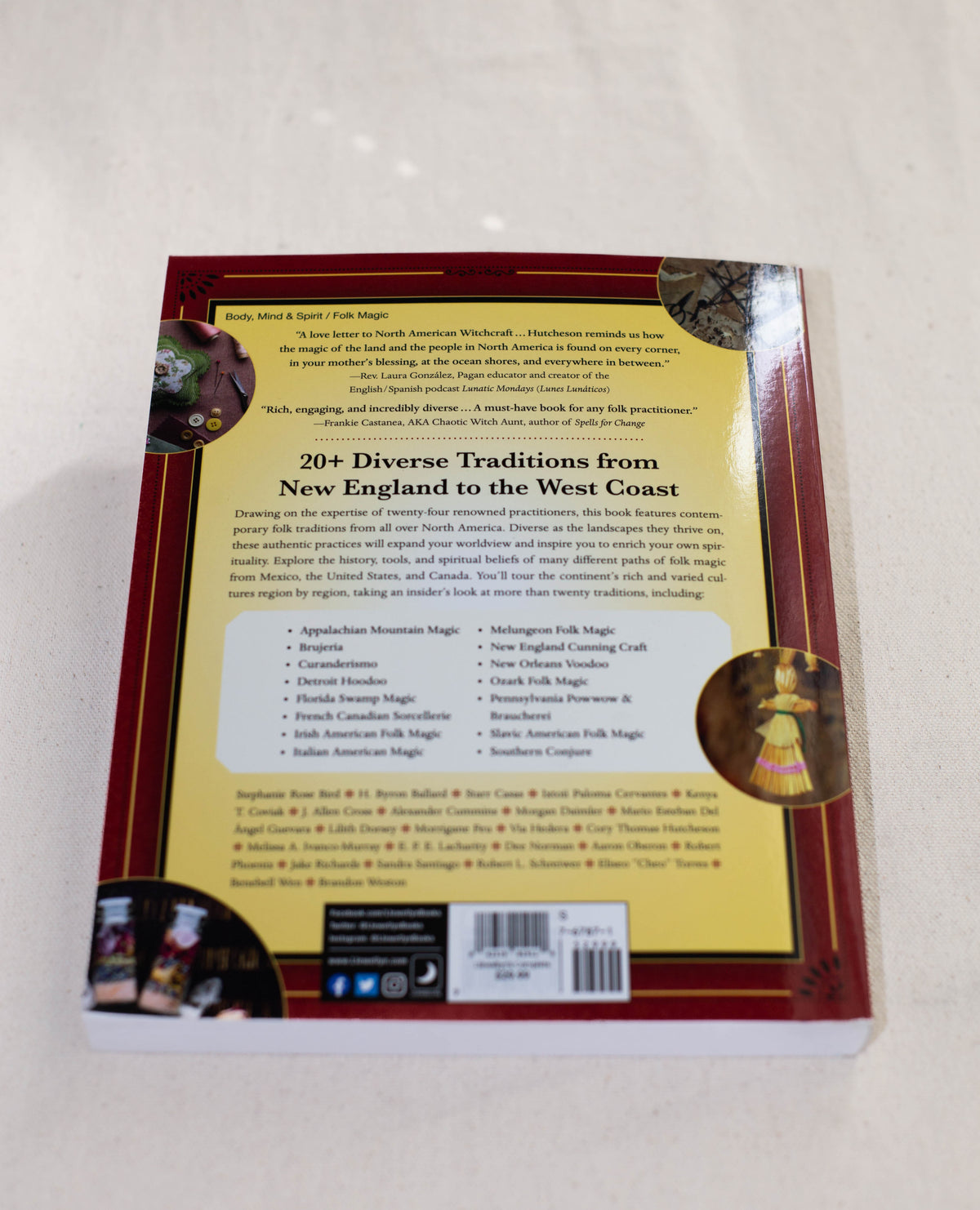 The back cover of "Llewellyn's Complete Book of North American Folk Magic" by The Healing Hedge Witch features black text on yellow, decorative patterns, a barcode, and small circular photos of dolls along the side.