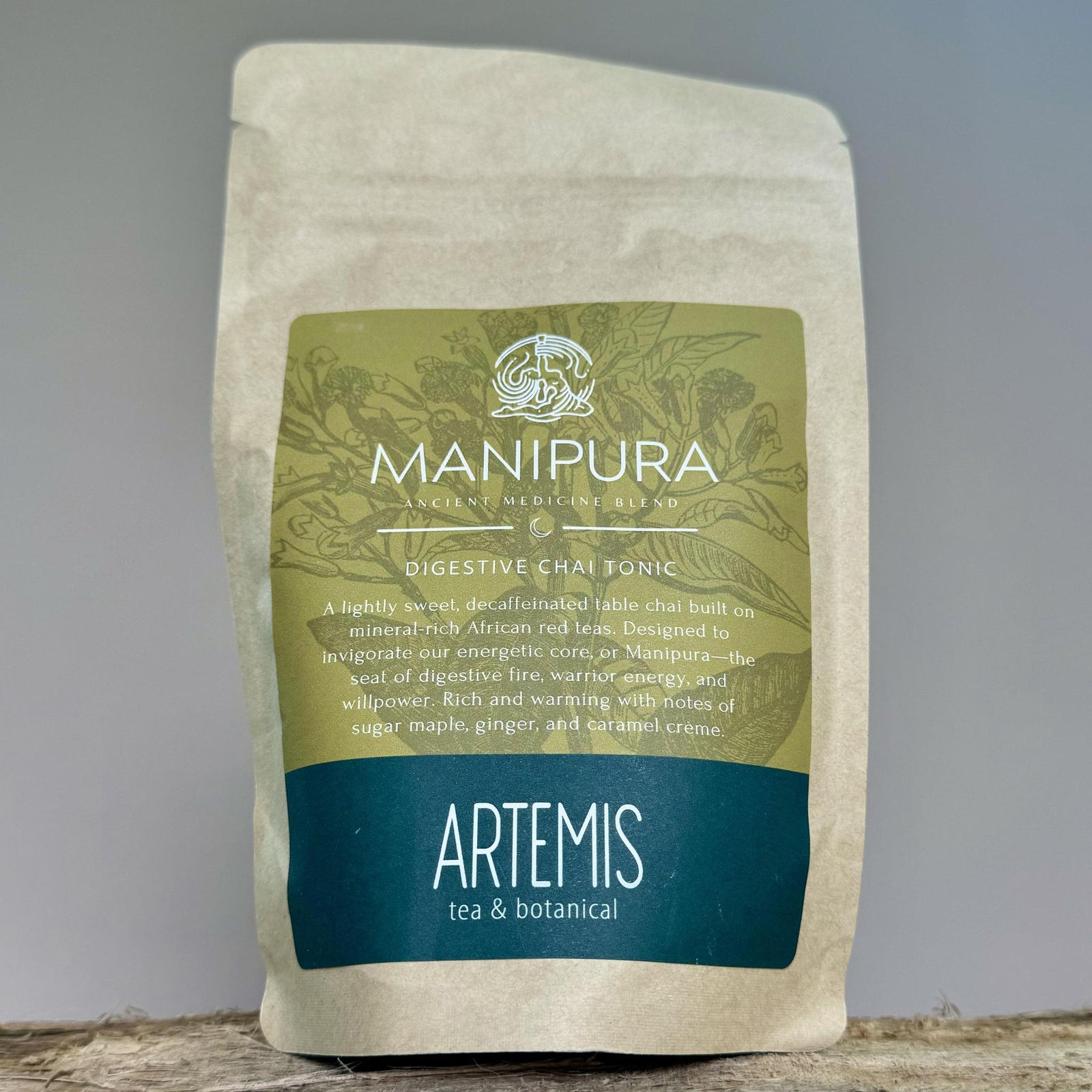 Manipura Digestive Tea & Tonic Helps balance blood sugar, treat poor appetite, as well as reduce nausea, bloating after meals, and sluggish bowels. Ingreditents Rooibos, honeybush, cacao nibs, cinnamon bark, orange peel, wild yam, fenugreek, dandelion root, cardamom, coconut flakes, ginger, carob, pink peppercorn, vanilla