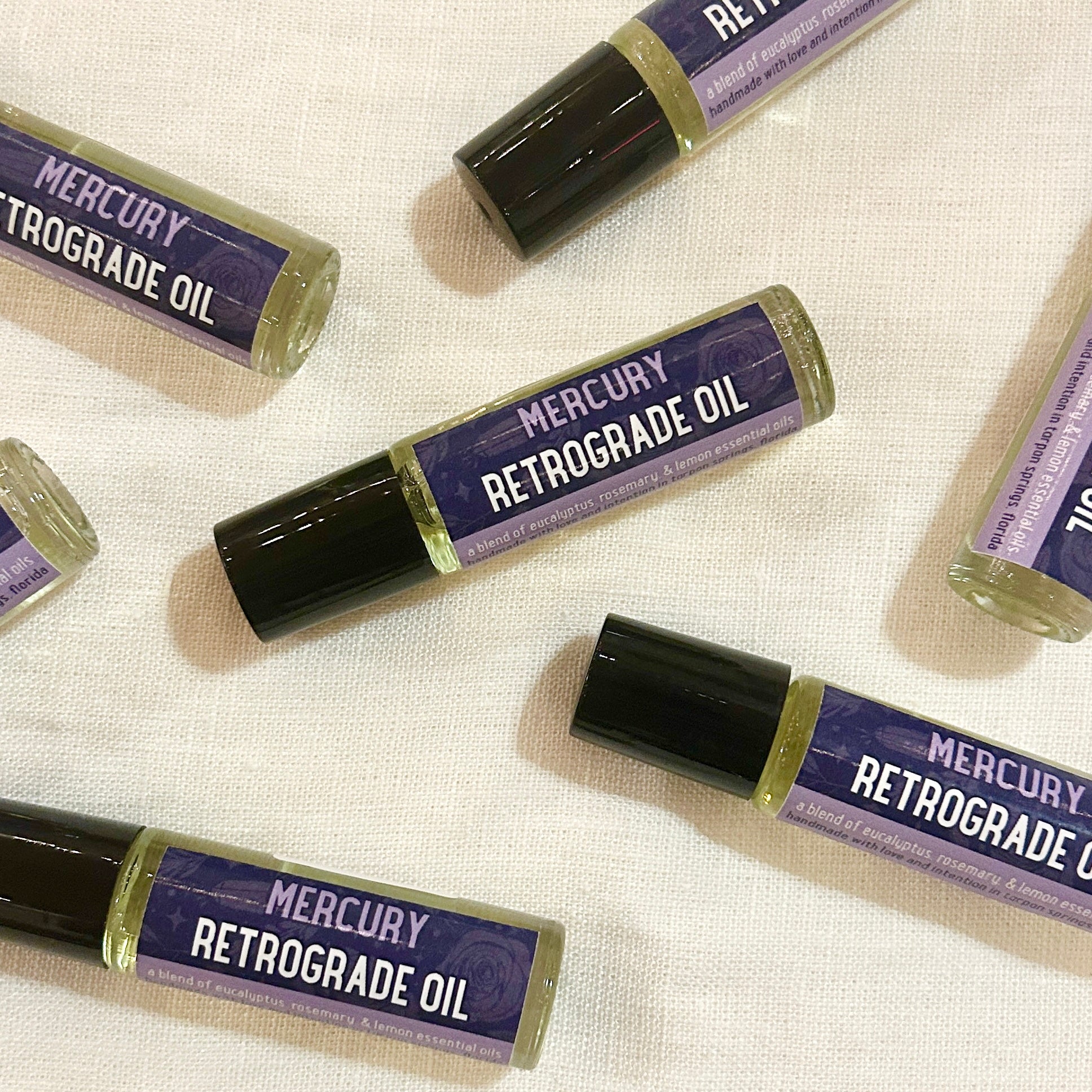 Mercury Retrograde Oil Roll On Clear and protect your energy during Mercury Retrograde with this essential oil blend. Grapeseed oil base with a blend of eucalyptus, rosemary, and lemon essential oils.