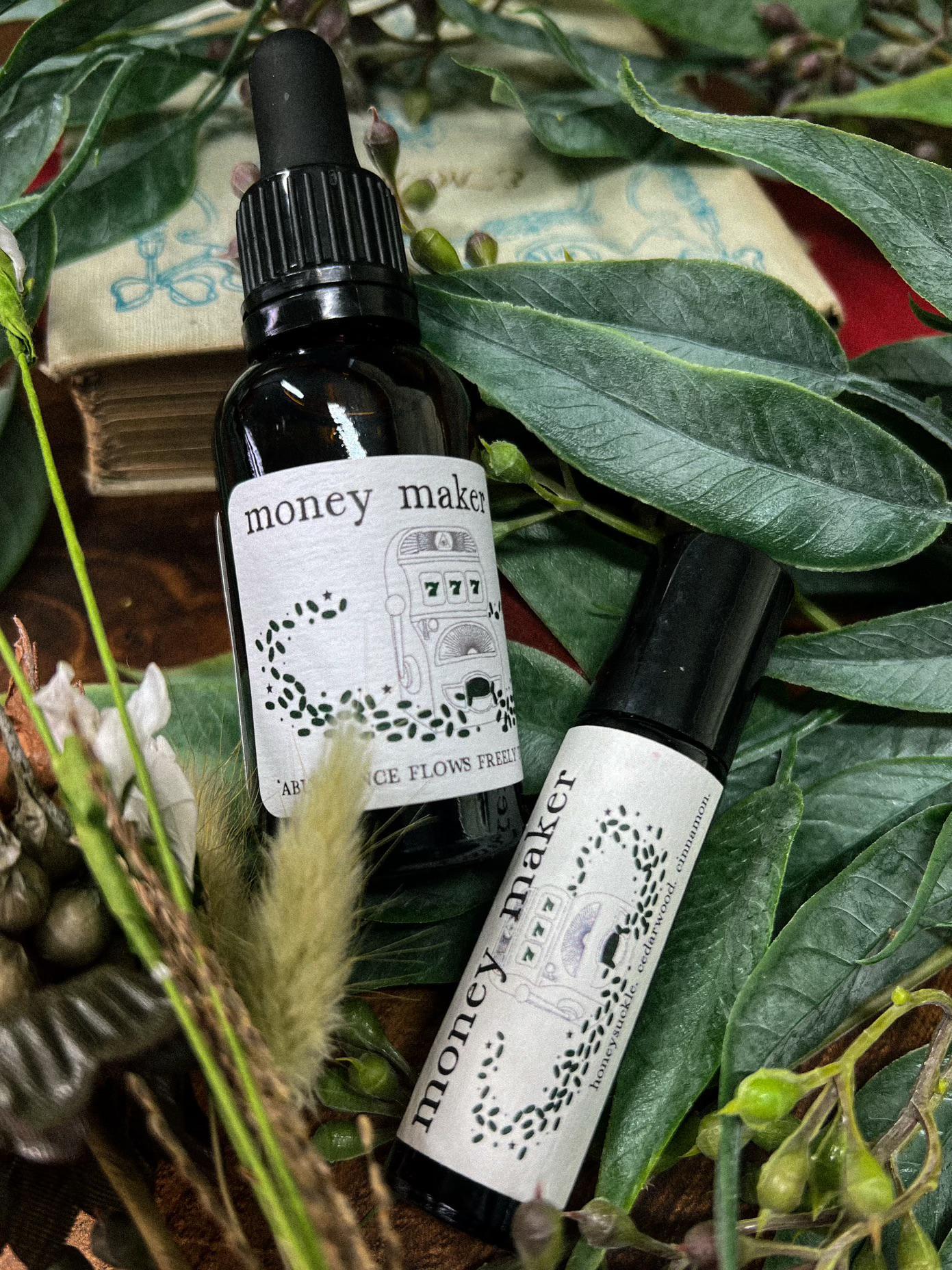 Invite prosperity in with our hand crafted Fast Luck Oil. Bring Money Maker on the go with a 10ml Roll On, or use the 1oz Dropper Bottle in baths, spell jars, or as a dressing for candles! Honeysuckle, cedarwood, and cinnamon leaf essential oils with a grapeseed oil base. 1oz Dropper Bottle is infused with pyrite.