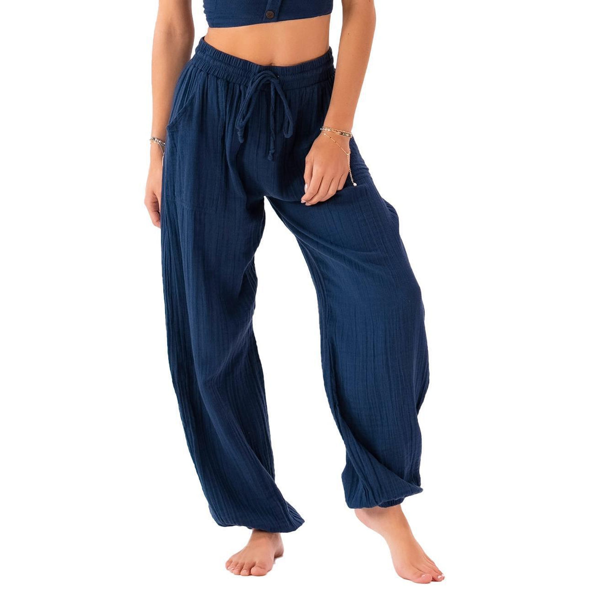 Oxford Cotton Harem Pants - Navy