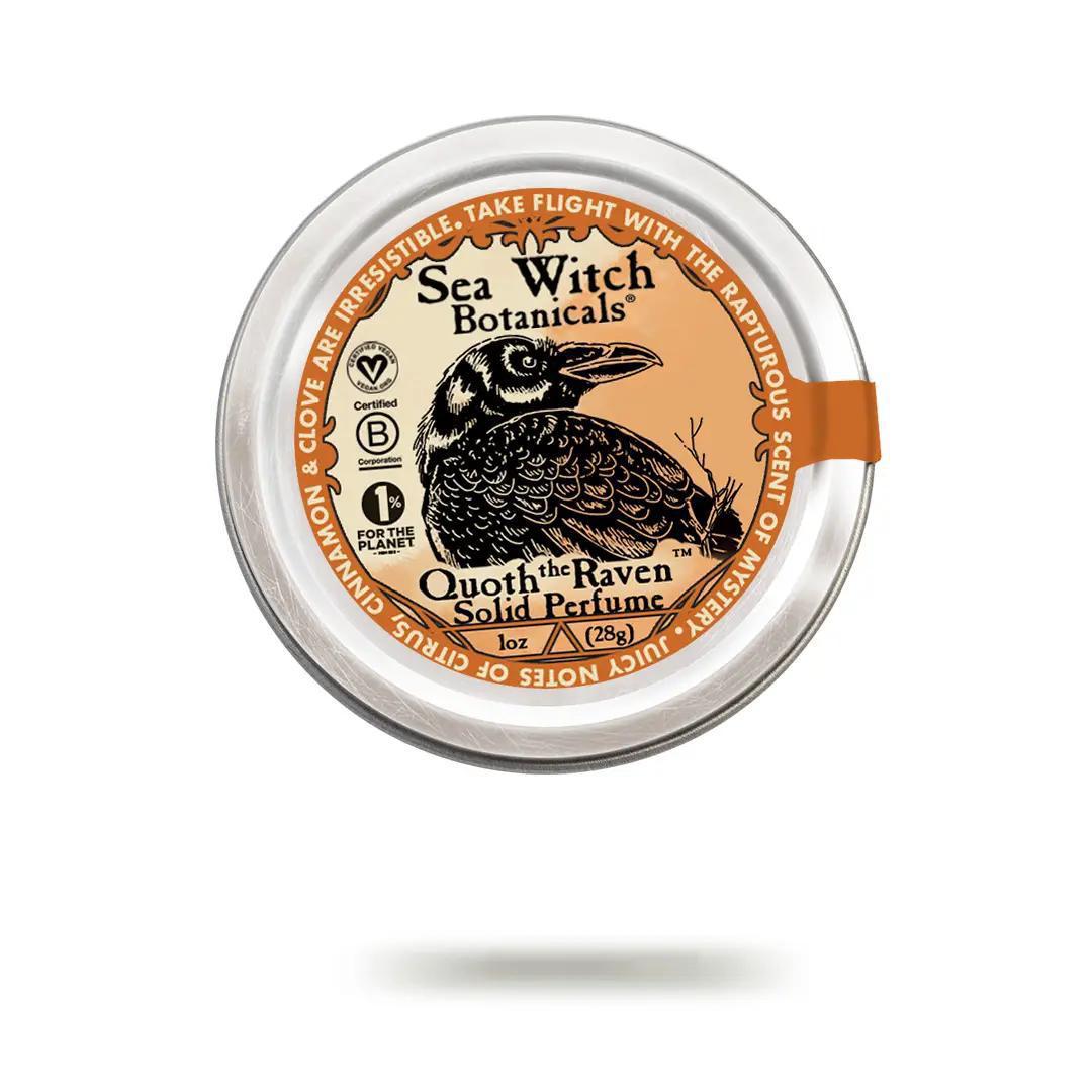 Quoth the Raven Orange, clove, and cinnamon spice, solid Perfume candelilla wax, coconut oil, grapeseed oil, cocoa butter, shea butter, essential oil blend 1 oz