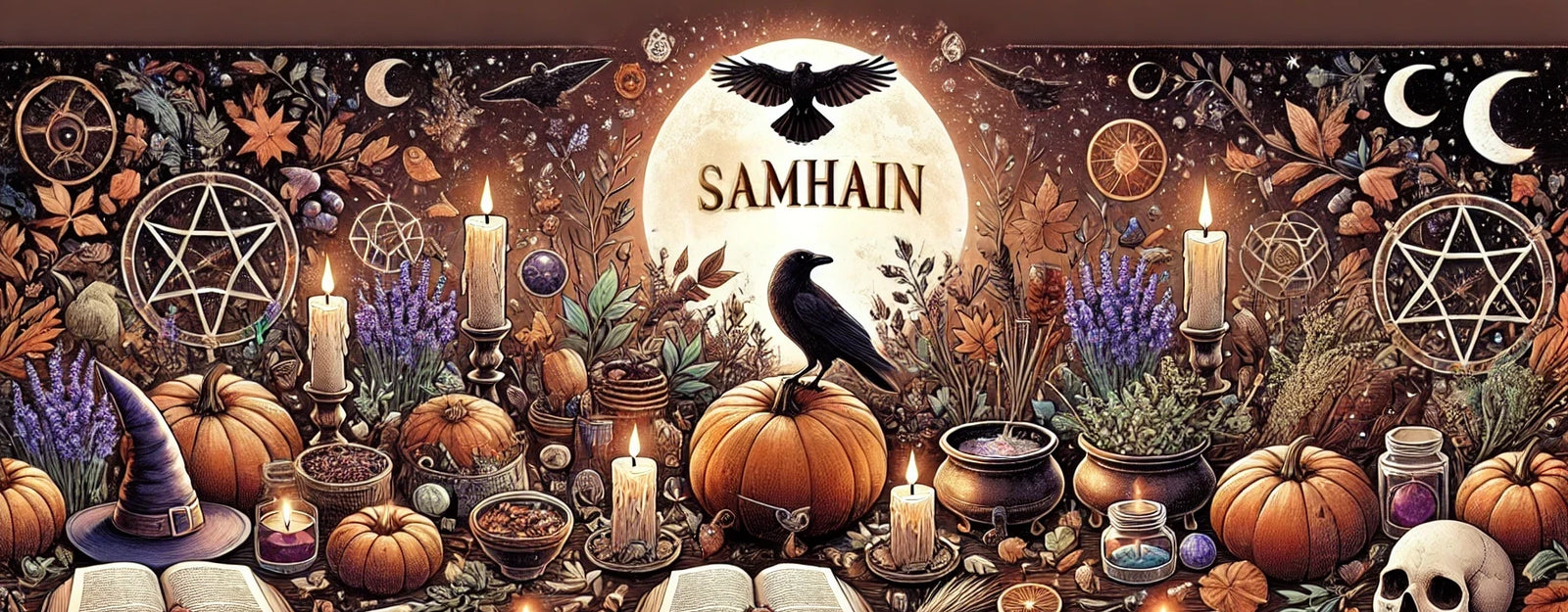 A mystical Samhain altar with pumpkins, candles, herbs, skulls, potions, a witch hat, and a raven in front of a glowing moon with “SAMHAIN” written on it, surrounded by pentagrams, stars, and crescent moons.