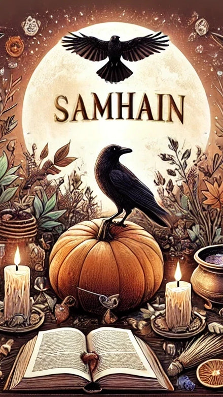 A crow perches on a pumpkin in front of a large full moon with SAMHAIN written across it. The scene includes candles, an open book, plants, dried herbs, and mystical objects, evoking a magical autumn atmosphere.