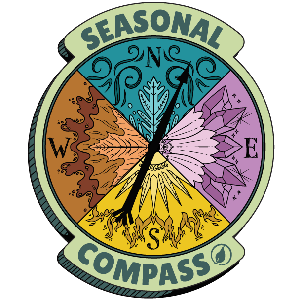The Healing Hedge Witch’s Seasonal Compass Box Subscription features a colorful compass for self-care, with brown (autumn/W), purple (winter/E), yellow (summer/S), green (spring), and a needle pointing southwest.