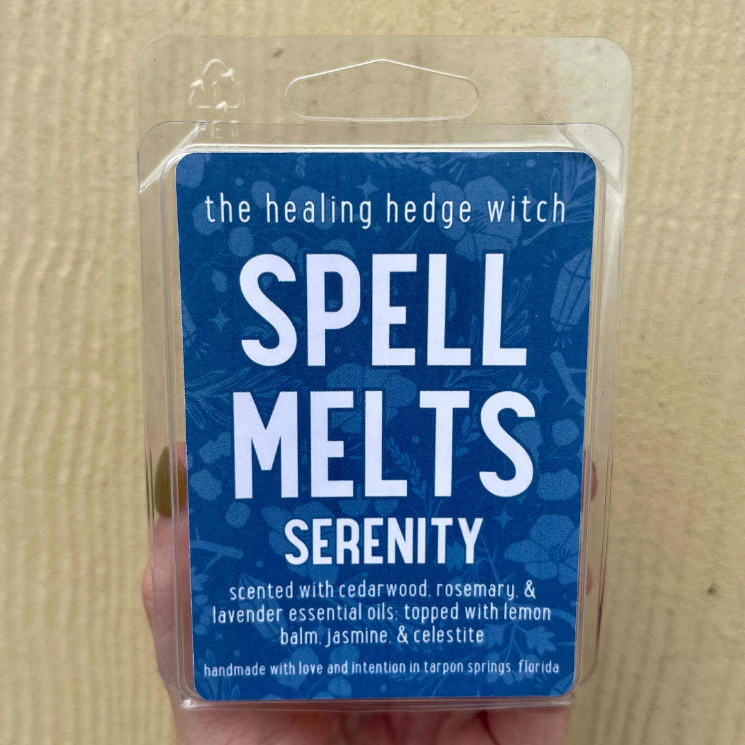 Serenity Spell Melts hand-poured, small-batch wax melts. Scented with cedarwood, rosemary, & lavender essential oils; topped with lemon balm, jasmine, & celestite