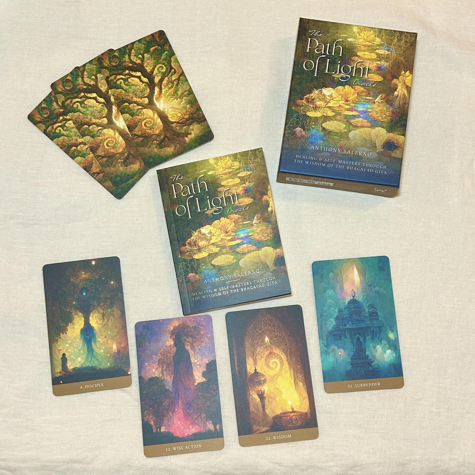 The Path of Light Oracle Deck. Immerse yourself within a fusion of timeless teachings, spirited illuminations, transformative imagery, and loving intention. Anthony Salerno and Toni Carmine Salerno show you how to deepen your soul connections and discover wisdom, inspiration, and clarity. With in-depth messages and practical exercises inspired by the Bhagavad Gita, this oracle is invaluable for anyone seeking a more meaningful life.