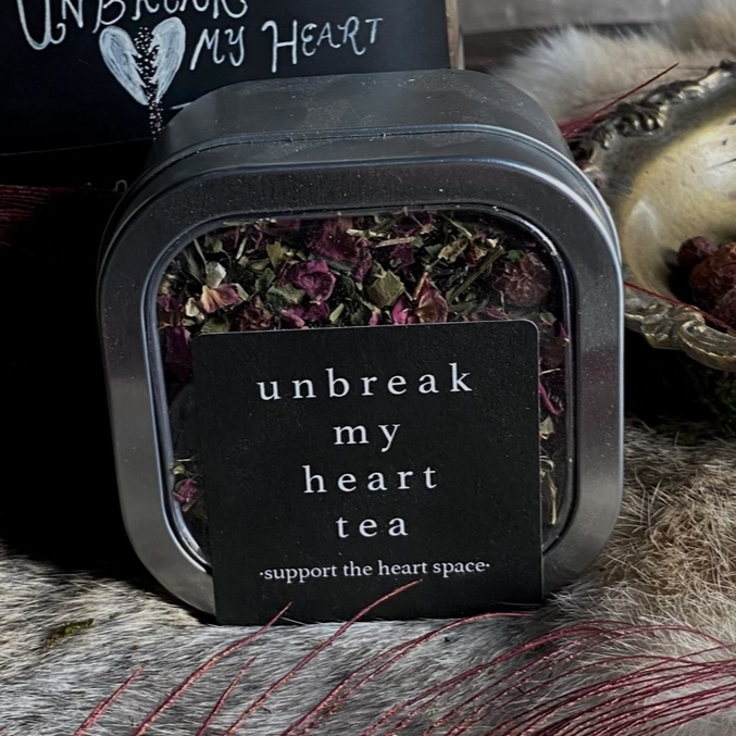 Unbreak My Heart Tea Ingredients: violet leaf, red rose petals, rose hips, hawthorn berry, hawthorn leaf, flower, and motherwort.