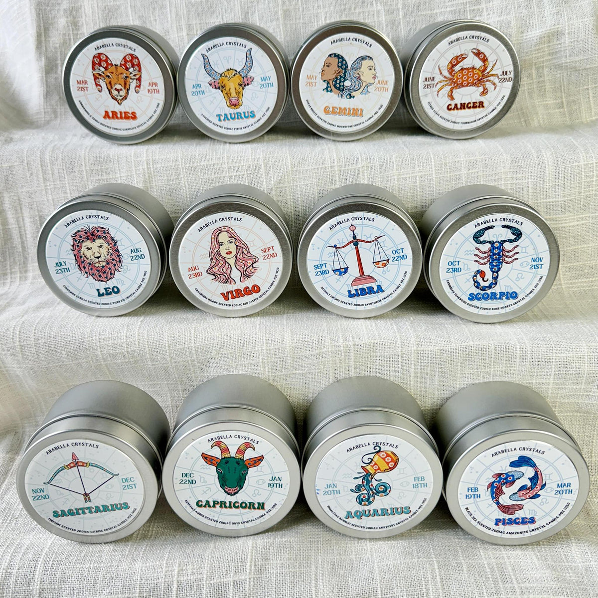 Zodiac Tin Candle Natural Soy wax, fragrance &amp; essential oils, crystal. 4 fl oz cotton wick vegan