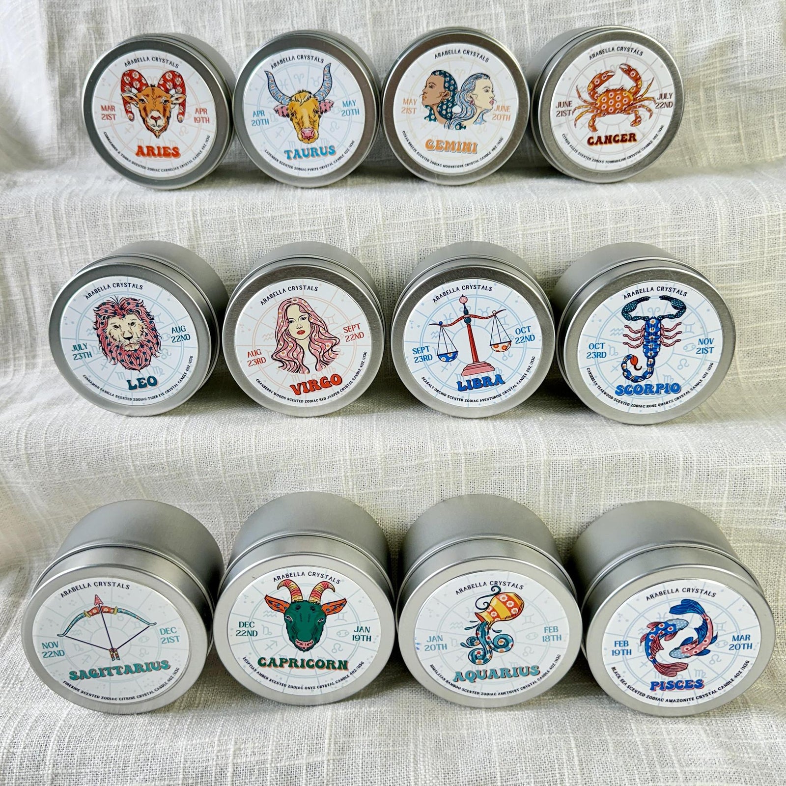 Zodiac Tin Candle Natural Soy wax, fragrance & essential oils, crystal. 4 fl oz cotton wick vegan