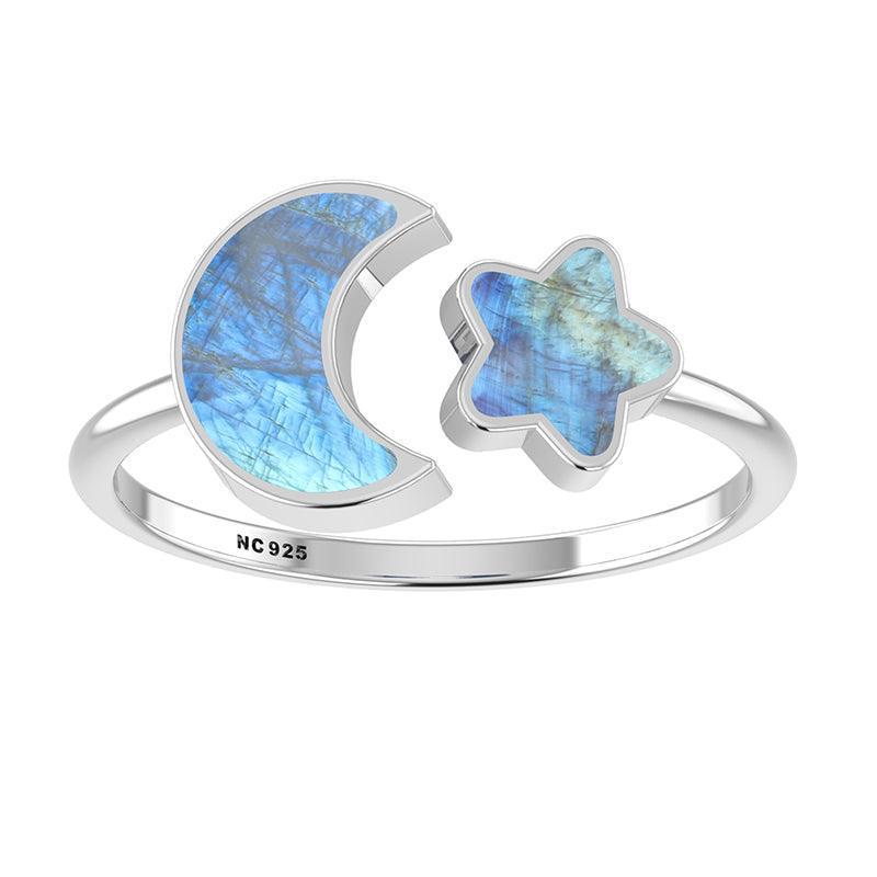 Rainbow Moonstone Moon &amp; Star Stackable Crystal Ring