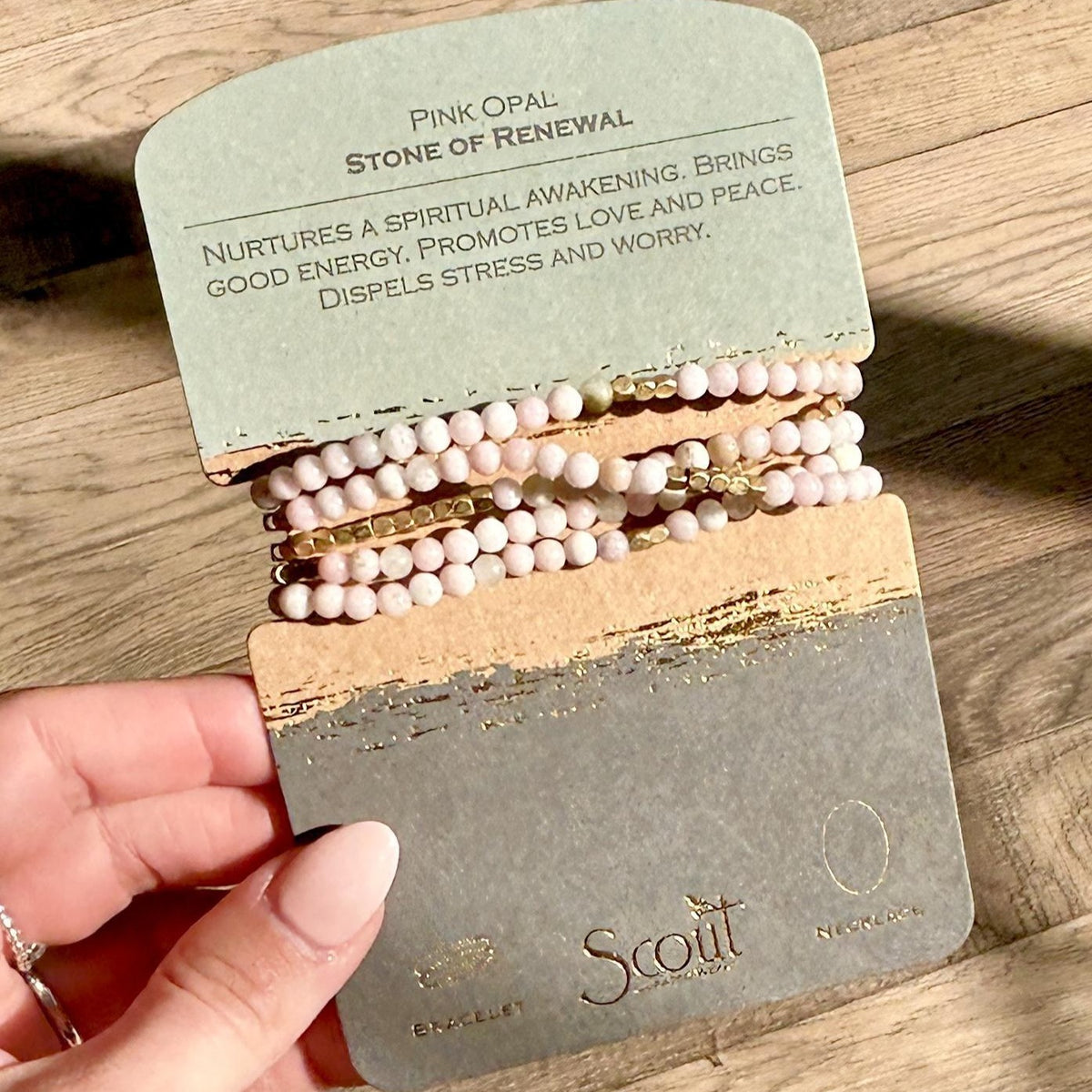 Pink Opal Stone Wrap Bracelet. Tap into the energies of the earth.  Semi precious gemstones adorn wrist &amp; neckline. Effortlessly converts from bracelet to necklace.  Can be wrapped 4-5 times as a bracelet and 1-2 times as a necklace. 