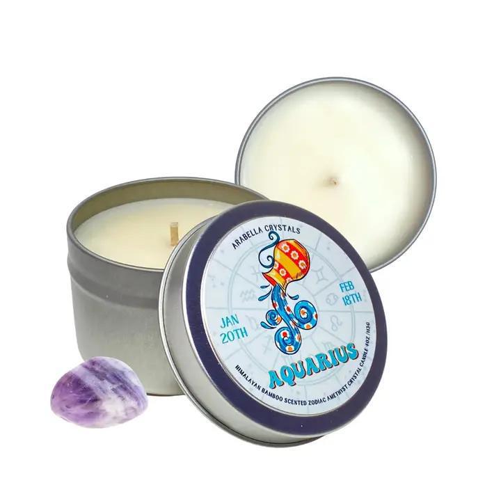aquariusZodiac Tin Candle Natural Soy wax, fragrance &amp; essential oils, crystal. 4 fl oz cotton wick vegan