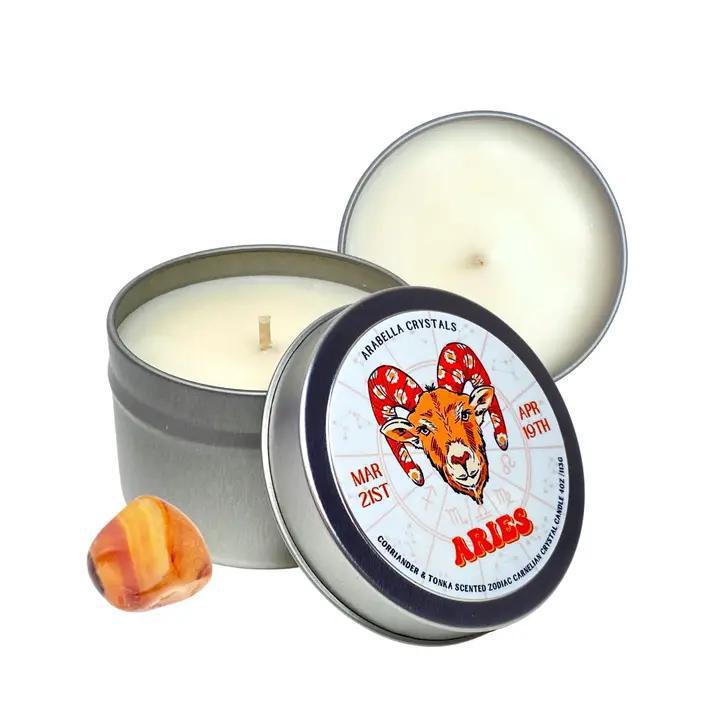 aries Zodiac Tin Candle Natural Soy wax, fragrance &amp; essential oils, crystal. 4 fl oz cotton wick vegan