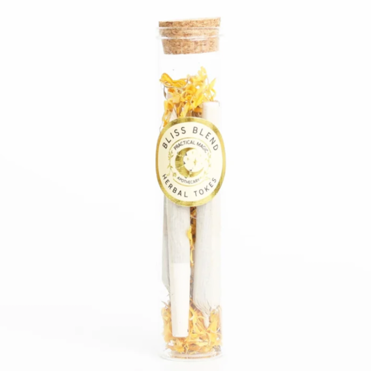 bliss blend for joy Herbal Tokes 4 pack in glass tube organic or wild-crafted herbs, free of tobacco, nicotine, hemp or CBD