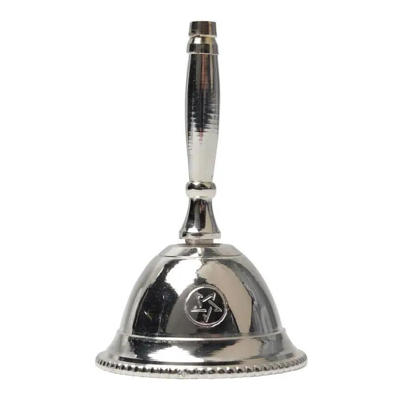 The Healing Hedge Witch Silver Altar Bell features a smooth handle, star emblem engraving, and beaded-edge base—ideal for spiritual outdoor decor or pairing with a Pentagram wind chime.