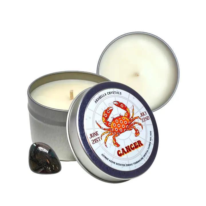 cancer Zodiac Tin Candle Natural Soy wax, fragrance &amp; essential oils, crystal. 4 fl oz cotton wick vegan