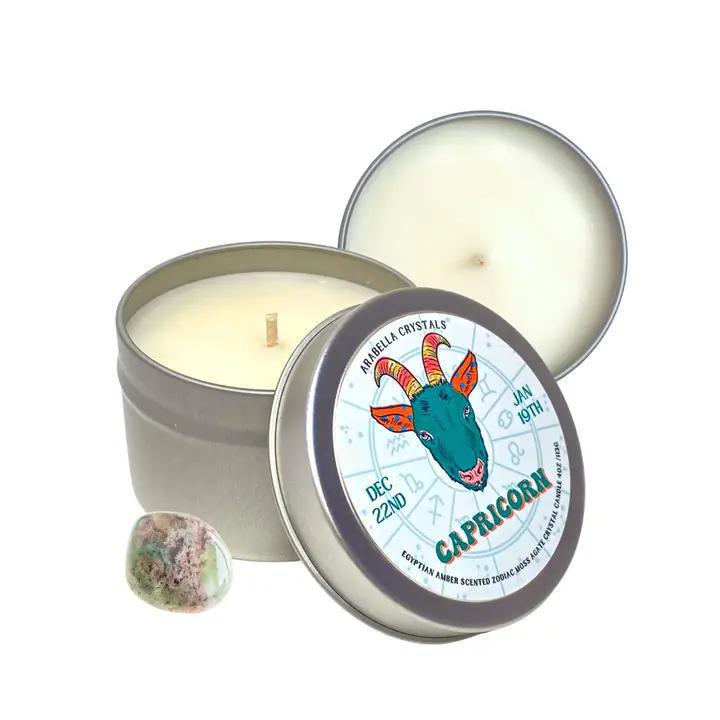 capricorn Zodiac Tin Candle Natural Soy wax, fragrance &amp; essential oils, crystal. 4 fl oz cotton wick vegan