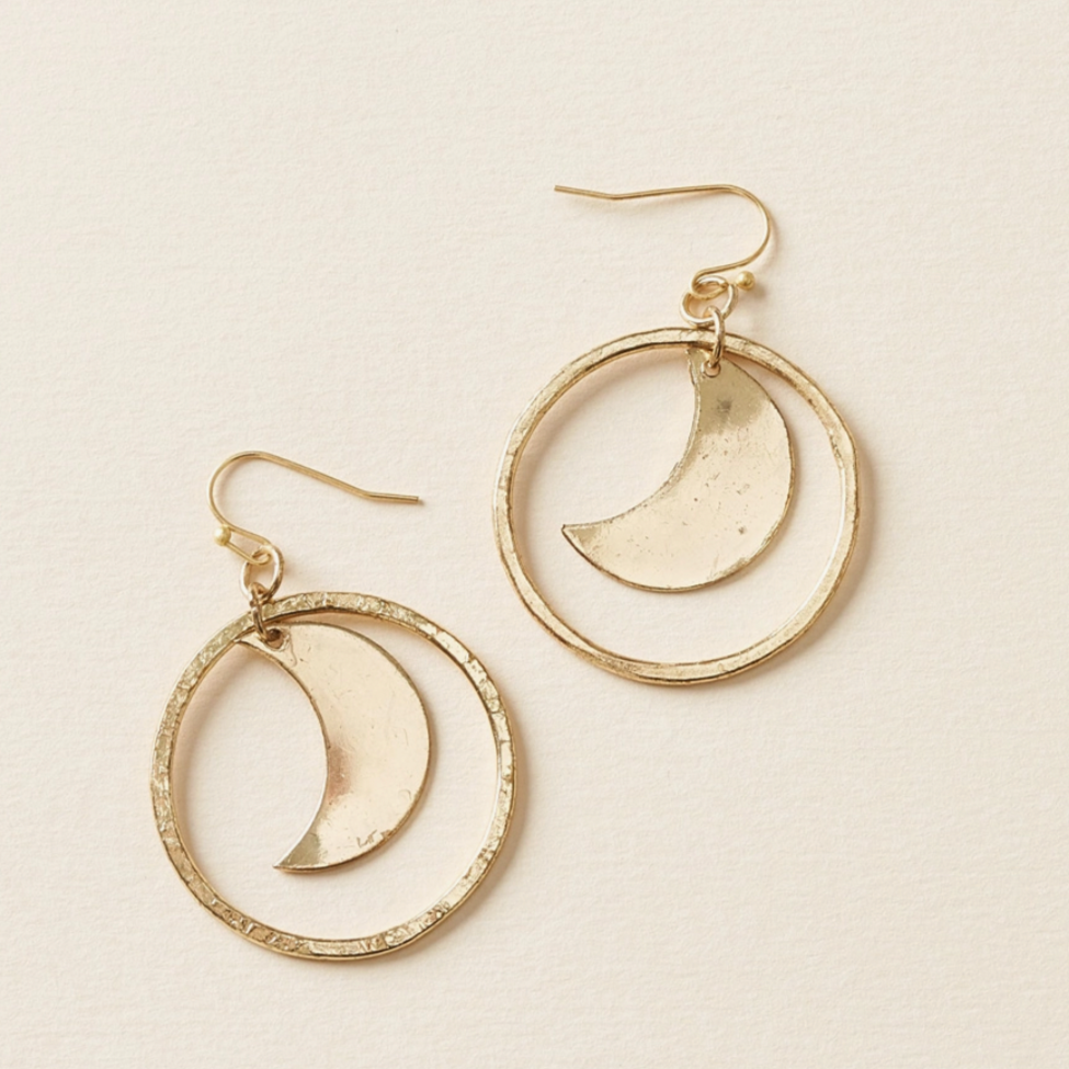 Crescent Moon Gold Hoop Dangle Earrings