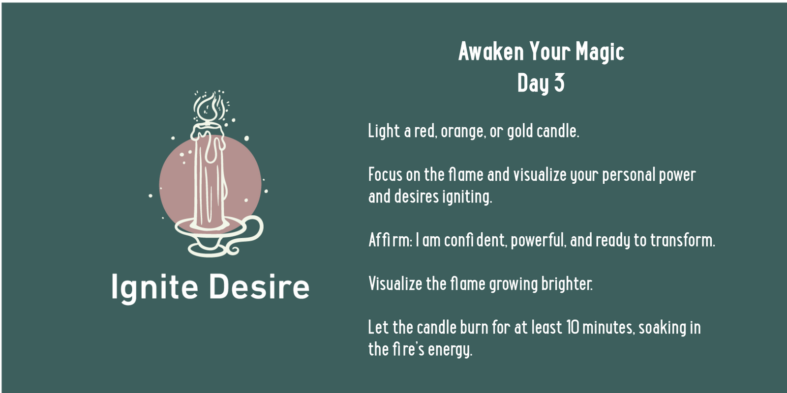 A graphic titled Awaken Your Magic Day 3: Ignite Desire features a lit candle illustration and steps to ignite desire, including lighting a candle, visualizing power, affirming confidence, and letting the candle burn.