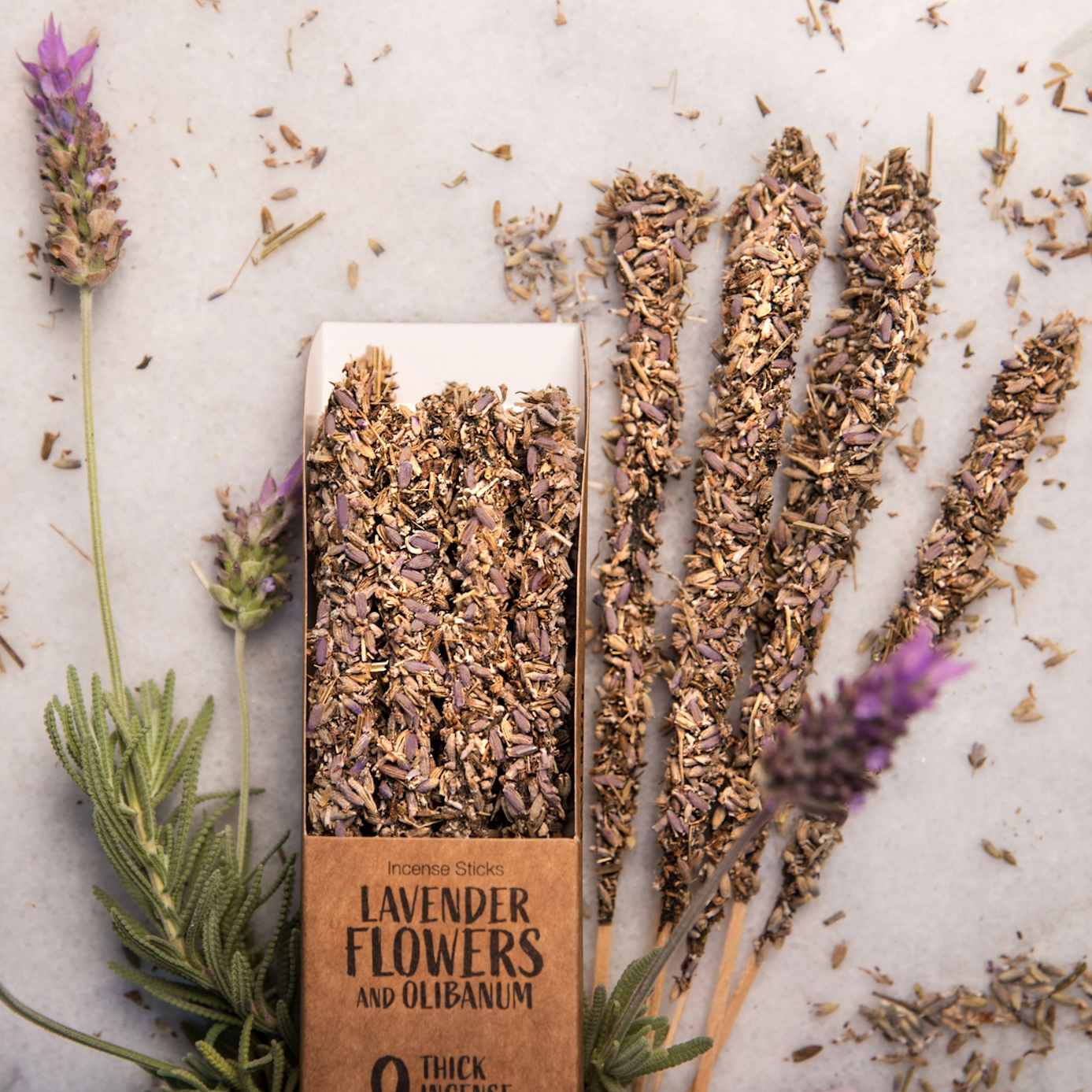Lavender and Olibanum Incense Sticks. Each stick is hand formed around an Olibanum (Frankincense) resin base then carefully packed with whole flowers, herbs and/or petals. Leaving a gorgeously decorated incense stick that is as impressive to see as it is to smell.