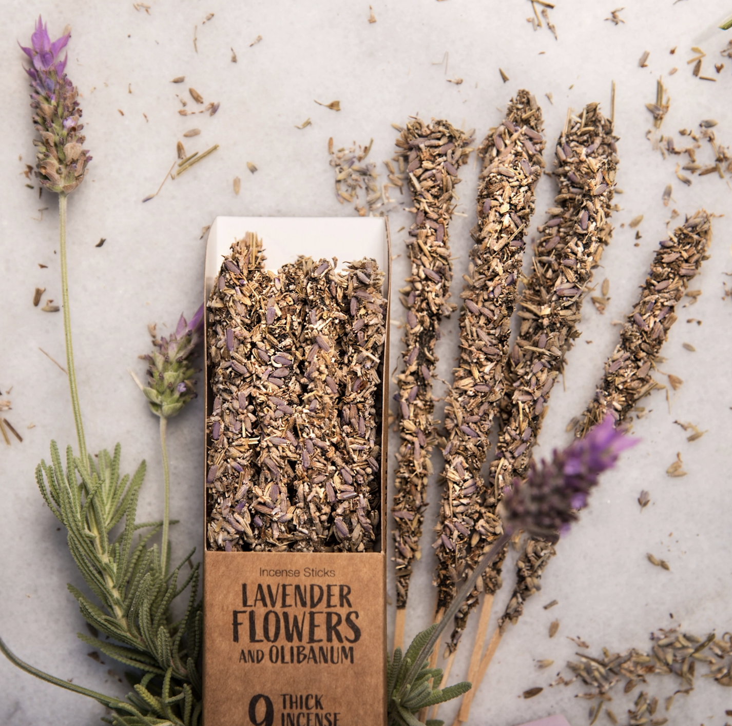 Lavender and Olibanum Incense Sticks. Each stick is hand formed around an Olibanum (Frankincense) resin base then carefully packed with whole flowers, herbs and/or petals. Leaving a gorgeously decorated incense stick that is as impressive to see as it is to smell.