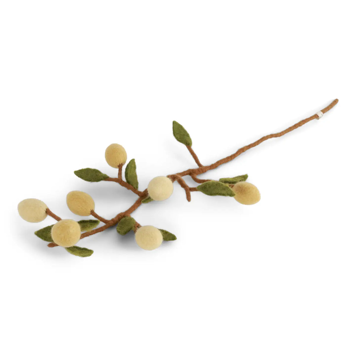 The Healing Hedge Witch Long Felt Stem features Danish design with yellow felted fruits and green felt leaves on a brown stem, handmade from wool and displayed on a white background.