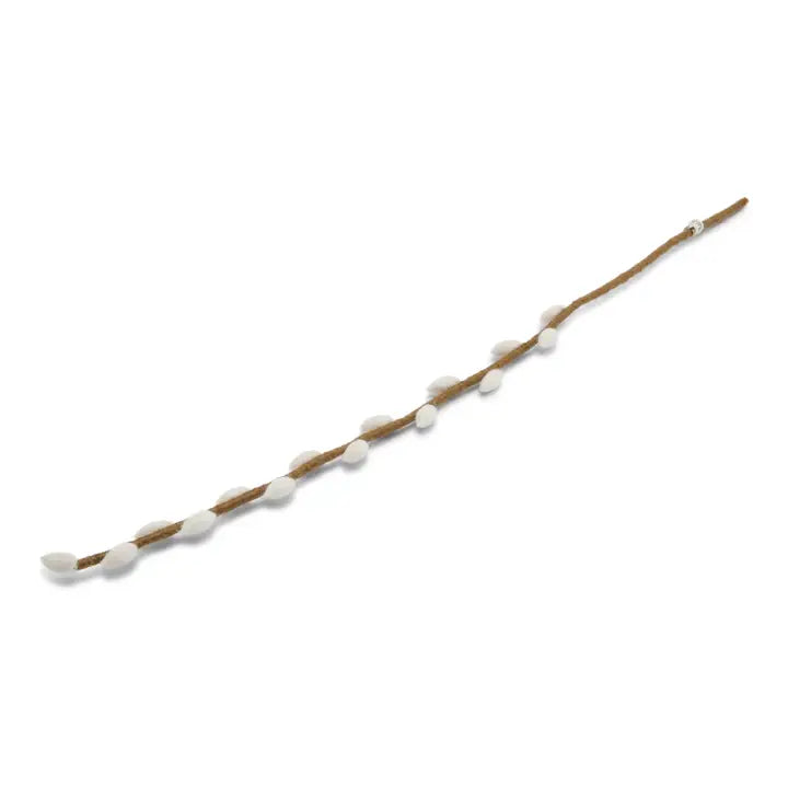 The Healing Hedge Witch Long Felt Stem features a brown twig with small, white, fuzzy buds spaced along its length, inspired by Danish design and displayed on a plain white background.