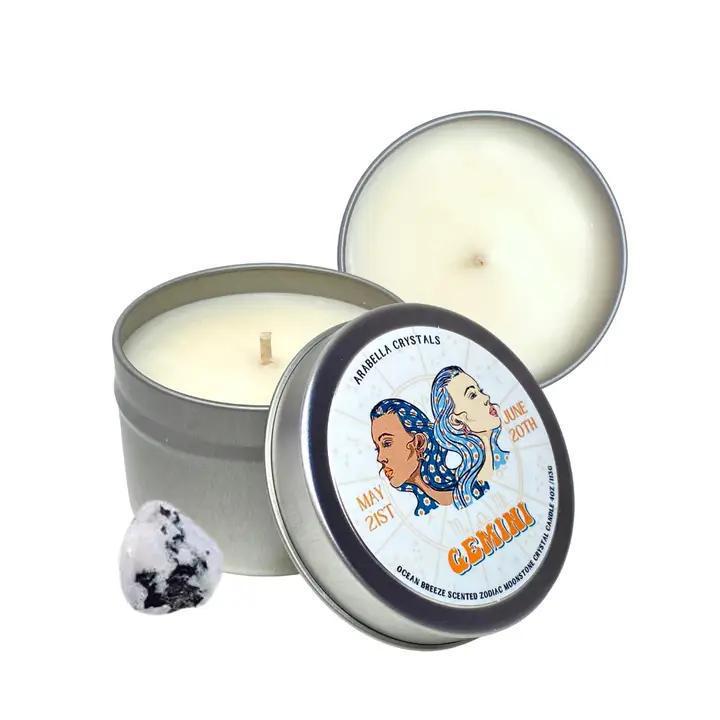 gemini Zodiac Tin Candle Natural Soy wax, fragrance &amp; essential oils, crystal. 4 fl oz cotton wick vegan