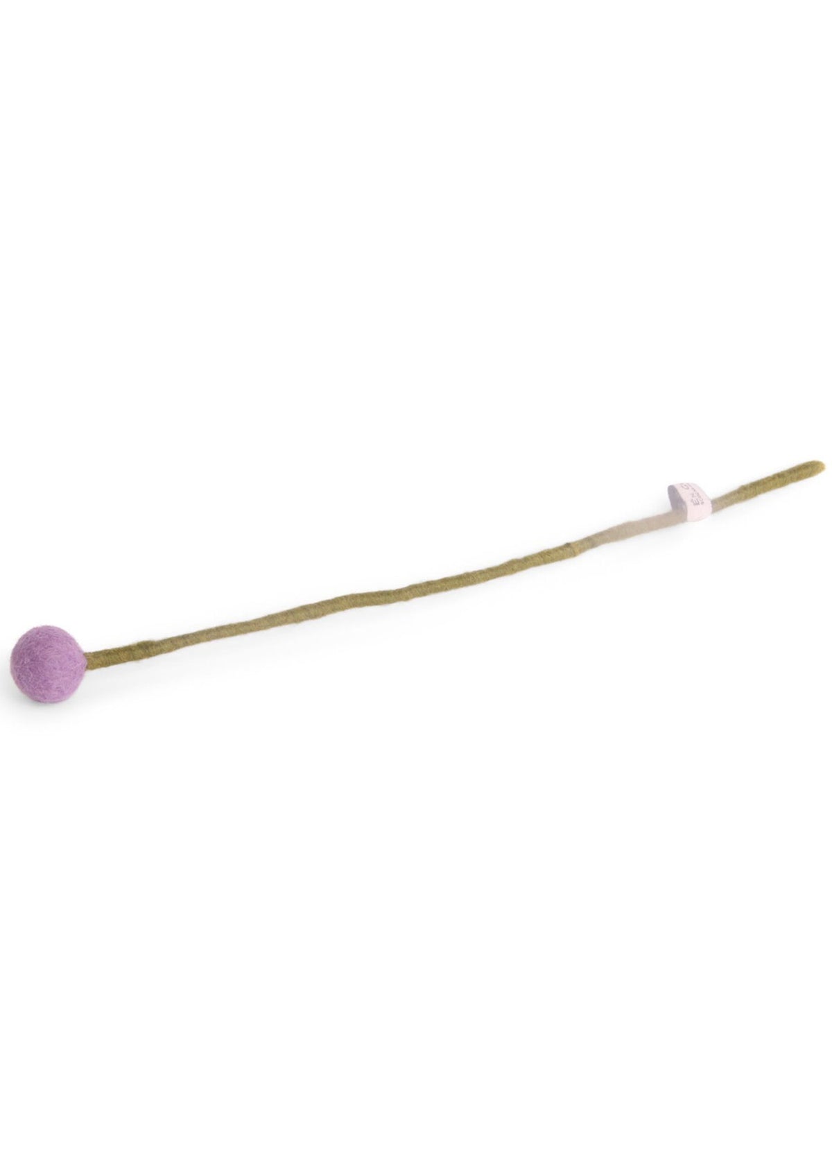 The Healing Hedge Witch’s Big Flower Ball features a handmade wool stem with a round purple end and white tag, showcasing Danish design style against a plain white background.