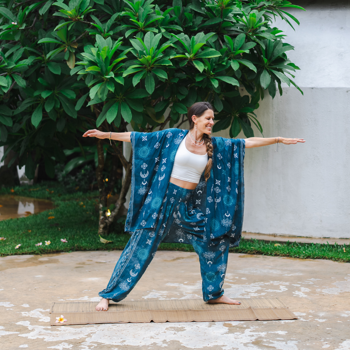 Cosmic Teal Lotus Moon Kimono - lifestyle