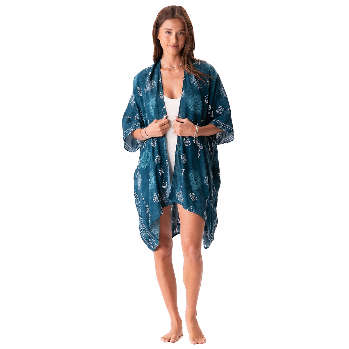 Cosmic Teal Lotus Moon Kimono - front view