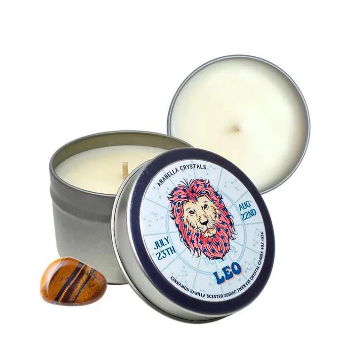 leo Zodiac Tin Candle Natural Soy wax, fragrance &amp; essential oils, crystal. 4 fl oz cotton wick vegan