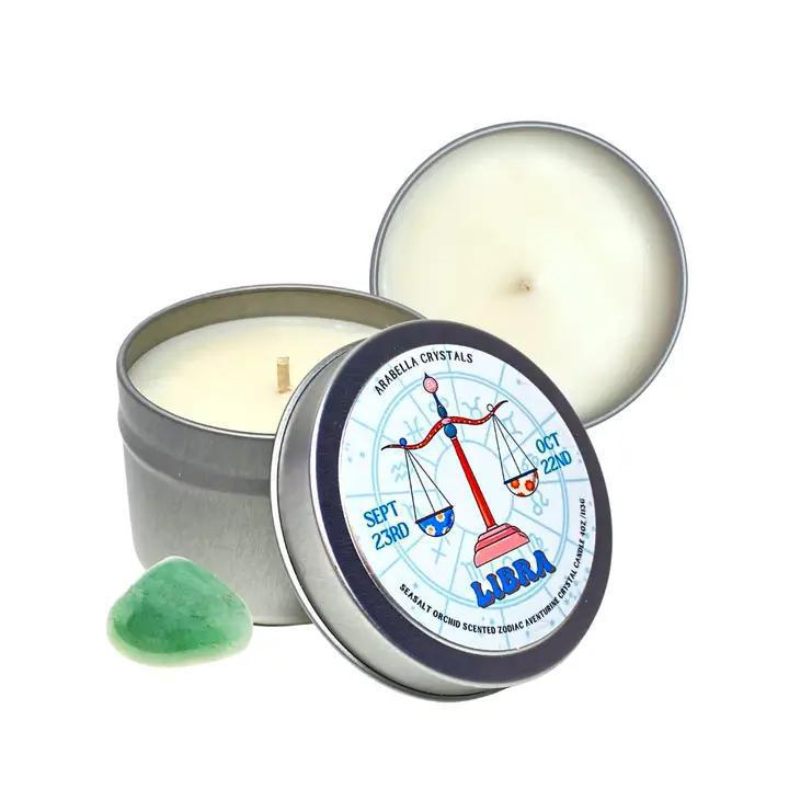 libra Zodiac Tin Candle Natural Soy wax, fragrance &amp; essential oils, crystal. 4 fl oz cotton wick vegan