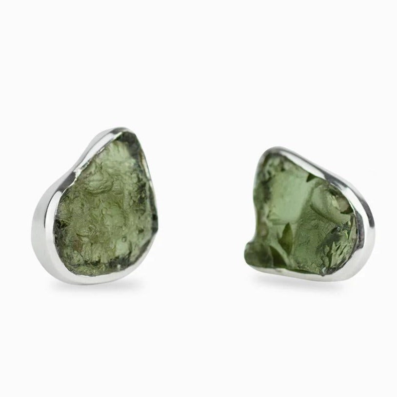 Moldavite Sterling Silver Bezel Set Stud Earrings
