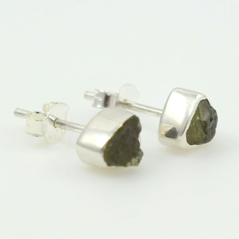 Moldavite Sterling Silver Bezel Set Stud Earrings
