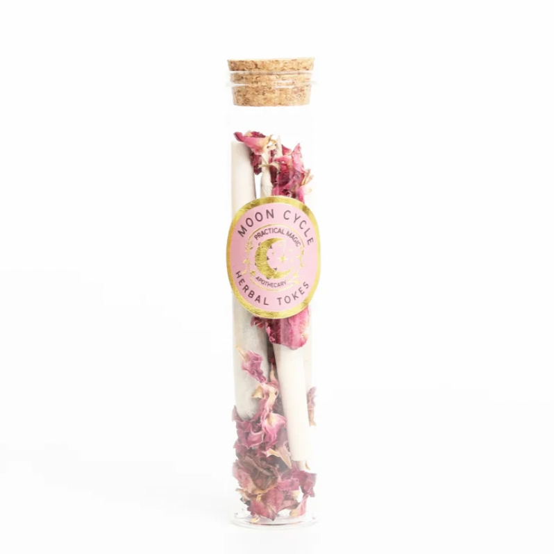 moon cycle for periods menstrual cycle cramps mood swings Herbal Tokes 4 pack in glass tube organic or wild-crafted herbs, free of tobacco, nicotine, hemp or CBD