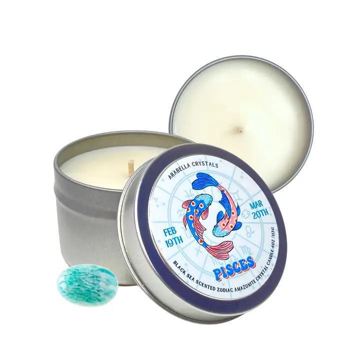 pisces Zodiac Tin Candle Natural Soy wax, fragrance &amp; essential oils, crystal. 4 fl oz cotton wick vegan