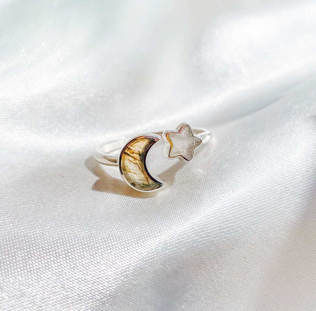 Rainbow Moonstone/Labradorite Moon & Star Stackable Crystal Ring