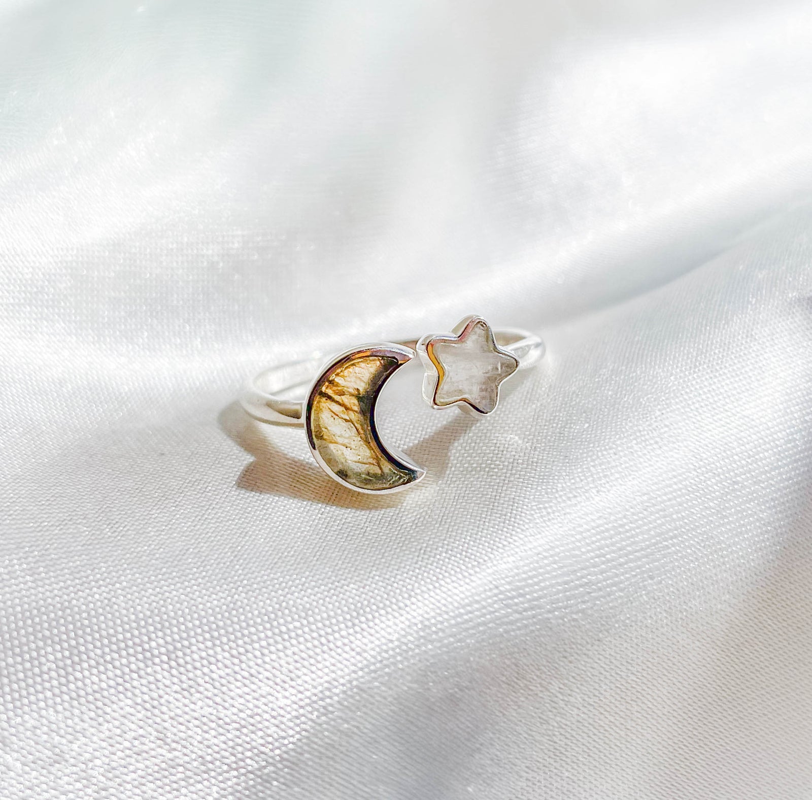 Rainbow Moonstone/Labradorite Moon & Star Stackable Crystal Ring
