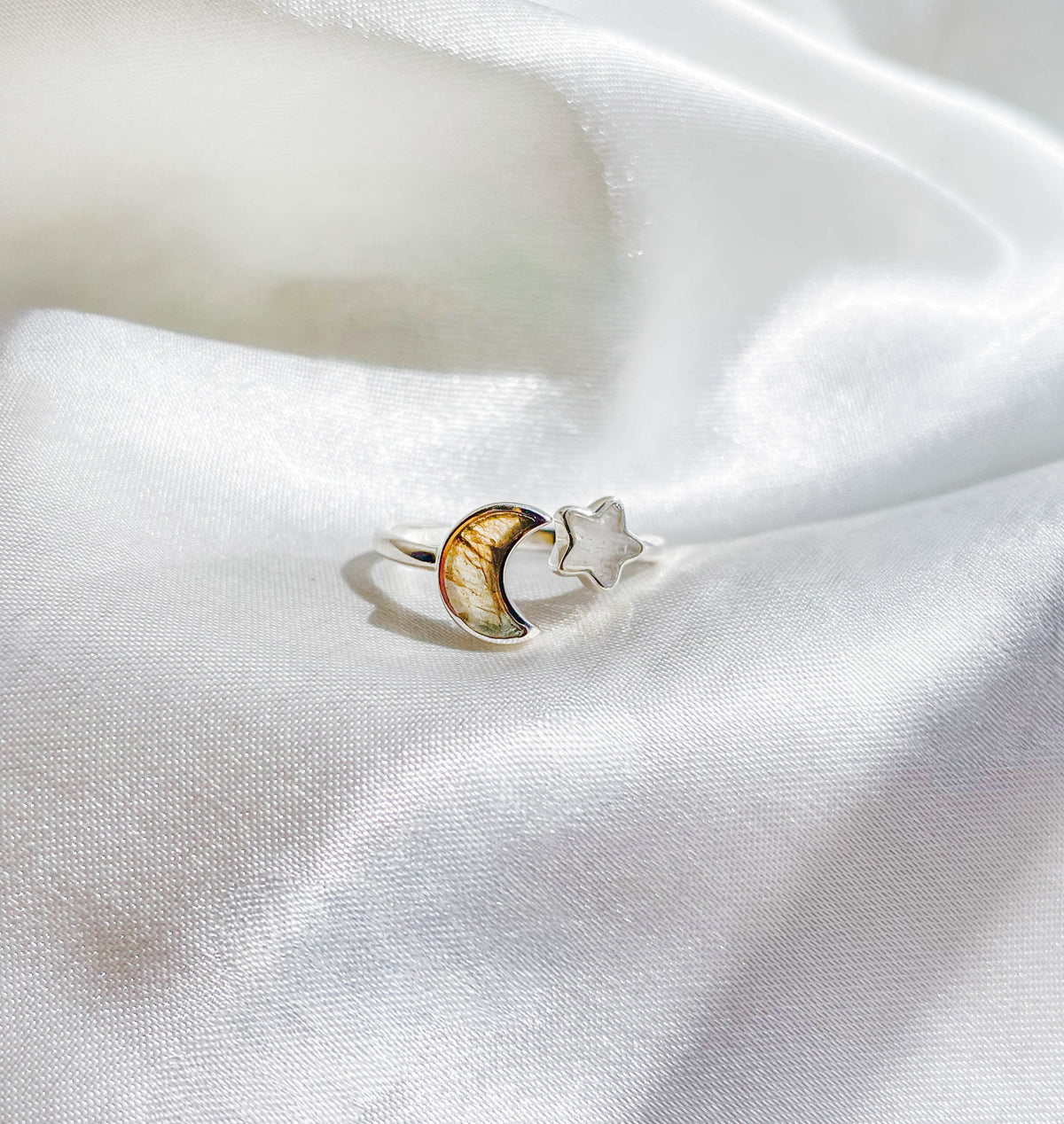 Rainbow Moonstone/Labradorite Moon & Star Stackable Crystal Ring
