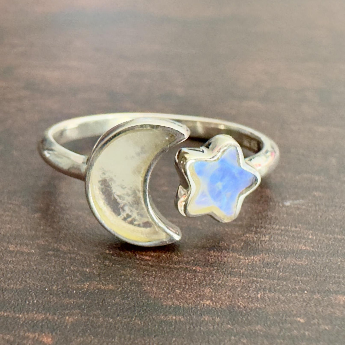 Rainbow Moonstone Moon & Star Stackable Crystal Ring