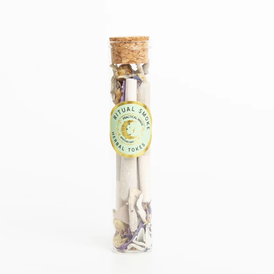 ritual smoke Herbal Tokes 4 pack in glass tube organic or wild-crafted herbs, free of tobacco, nicotine, hemp or CBD