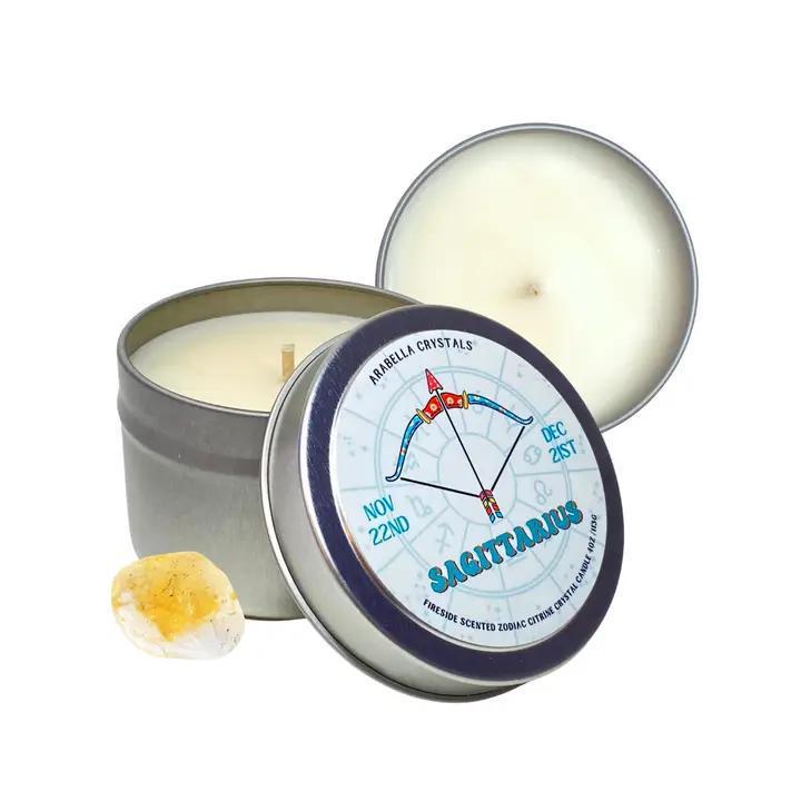 sagittarius Zodiac Tin Candle Natural Soy wax, fragrance &amp; essential oils, crystal. 4 fl oz cotton wick vegan
