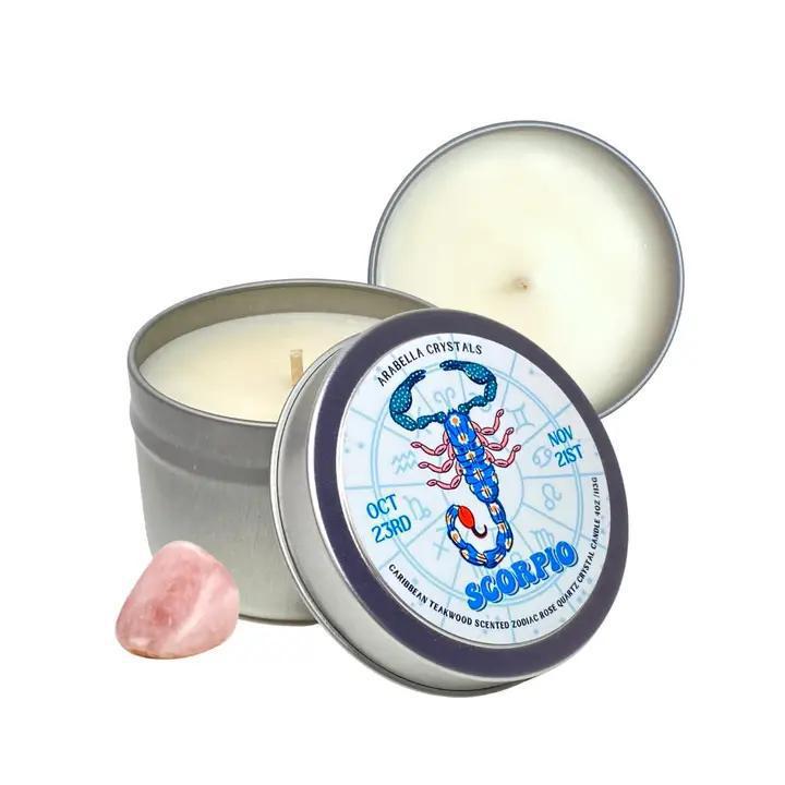 scorpio Zodiac Tin Candle Natural Soy wax, fragrance &amp; essential oils, crystal. 4 fl oz cotton wick vegan