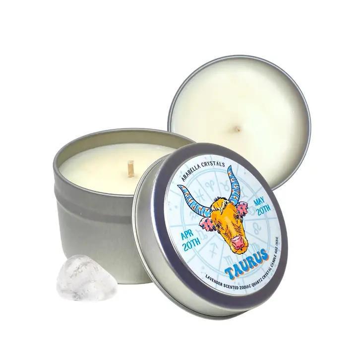 taurus Zodiac Tin Candle Natural Soy wax, fragrance &amp; essential oils, crystal. 4 fl oz cotton wick vegan