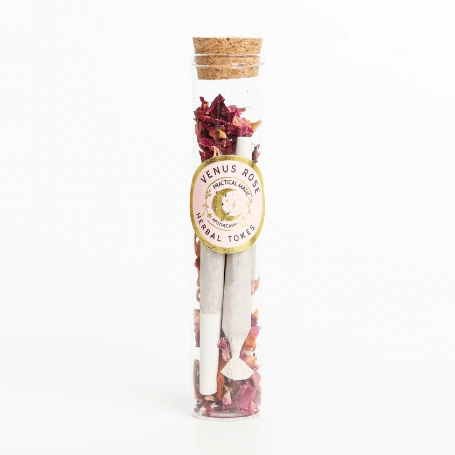 venus rose Herbal Tokes 4 pack in glass tube organic or wild-crafted herbs, free of tobacco, nicotine, hemp or CBD