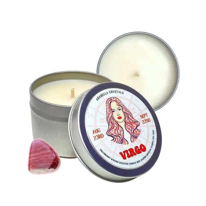 virgo Zodiac Tin Candle Natural Soy wax, fragrance &amp; essential oils, crystal. 4 fl oz cotton wick vegan