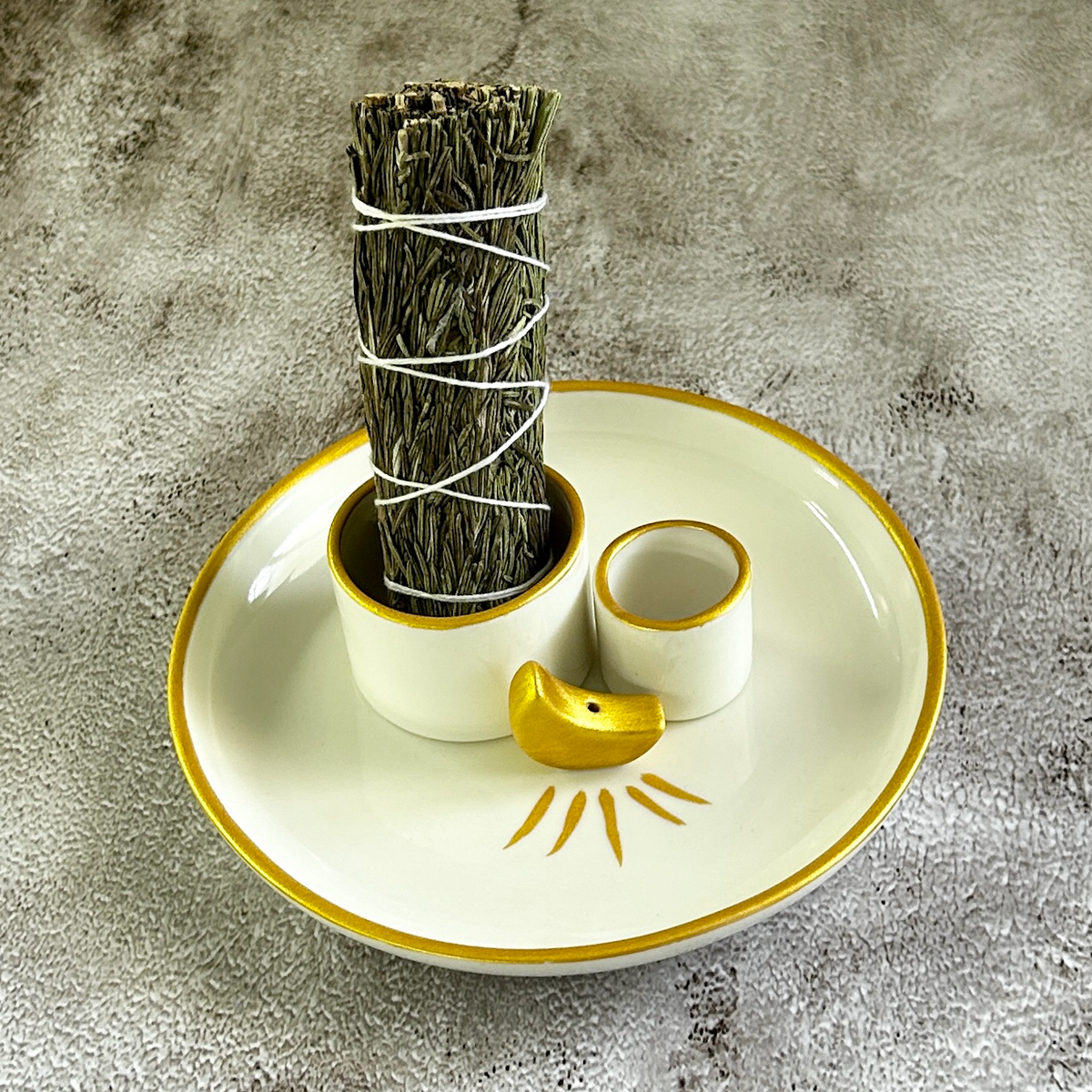 White and Gold Moon Incense Burner Dish