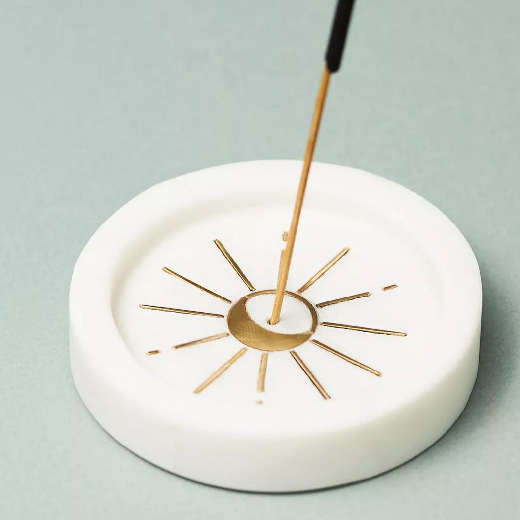 White Marble & Gold Moon Incense Holder